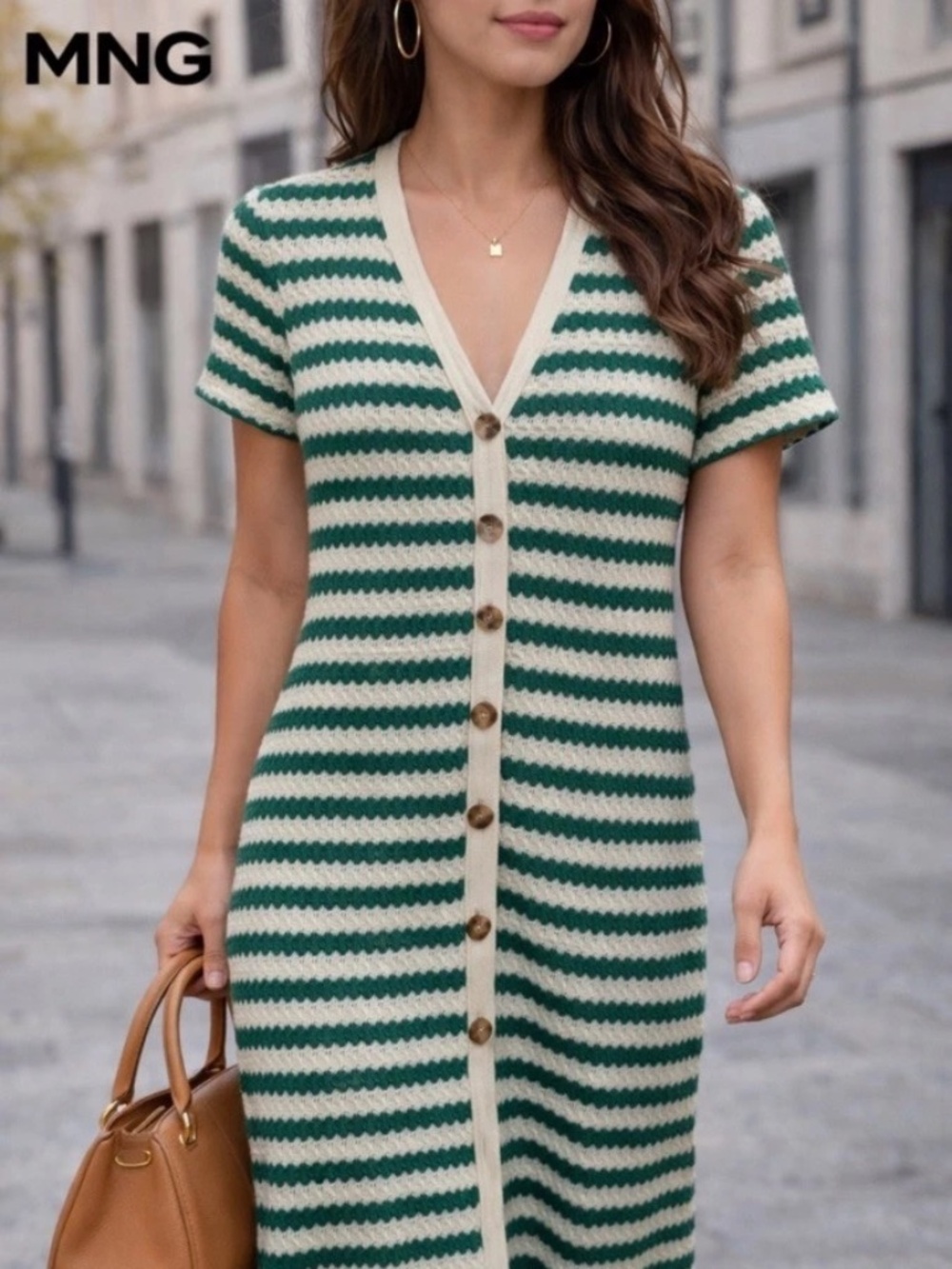 Mango Button Up Crochet Green/Ecru Striped Midi Dress Size 6 Euro Summer Costal